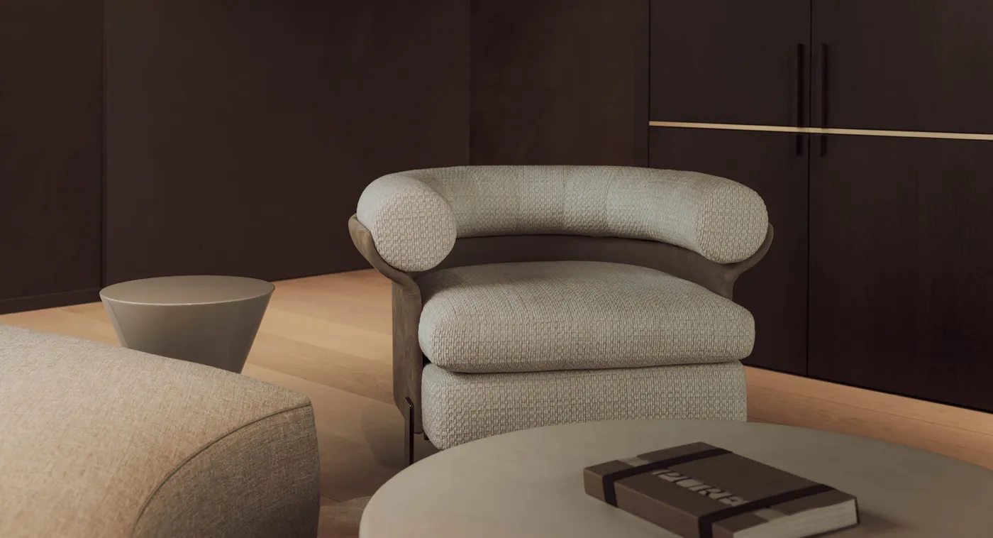 Loungehoek met beige fauteuil en messing accent